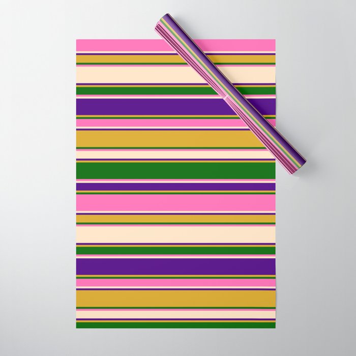 Eyecatching Goldenrod, Dark Green, Hot Pink, Bisque & Indigo Colored Striped/Lined Pattern Wrapping Paper