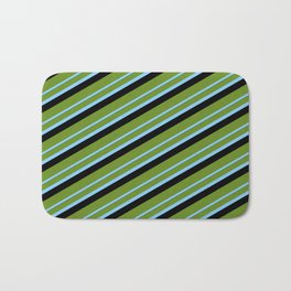 [ Thumbnail: Green, Light Sky Blue, and Black Colored Lined/Striped Pattern Bath Mat ]