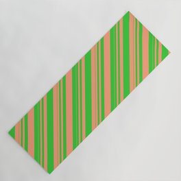 [ Thumbnail: Lime Green & Light Salmon Colored Striped/Lined Pattern Yoga Mat ]