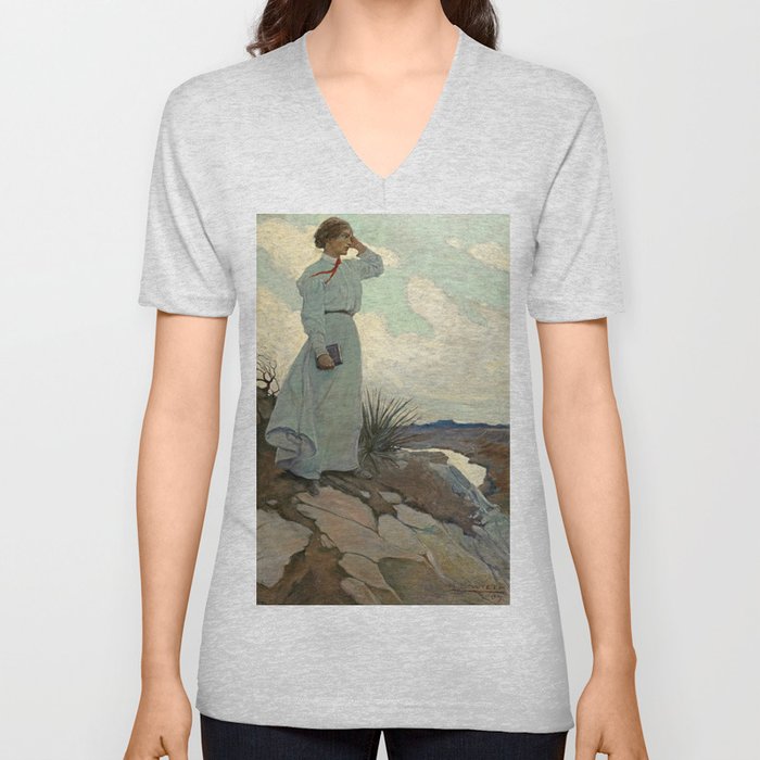 Louise Loved to Climb to the Summit on one of the Barren Hills Flanking the River by Newell Convers Wyeth V Neck T Shirt