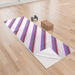 [ Thumbnail: Eye-catching Plum, Red, Blue, Orchid, and White Colored Stripes/Lines Pattern Yoga Towel ]