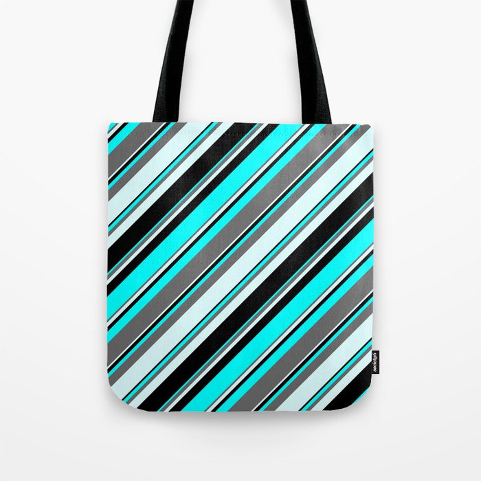 Aqua, Dim Gray, Light Cyan & Black Colored Lines/Stripes Pattern Tote Bag