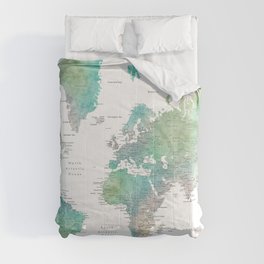 Watercolor world map in muted green and brown Comforter