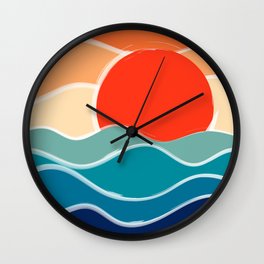 Retro 70s and 80s Color Palette Mid-Century Minimalist Nature Waves and Sun Abstract Art Wall Clock