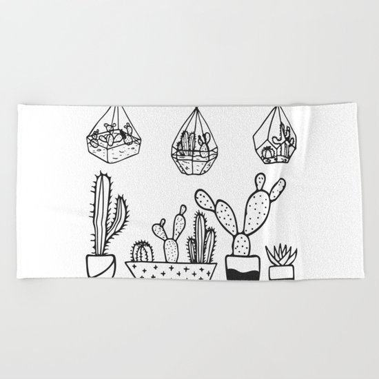 Cactus Garden Black and White Beach Towel