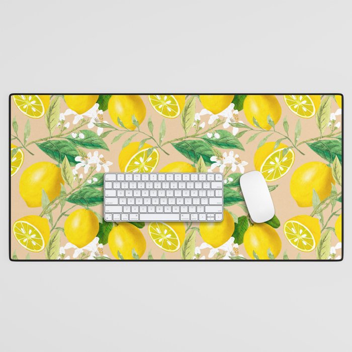  Summer, citrus ,floral Sicilian style beige ,lemon fruit pattern  Desk Mat