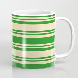 [ Thumbnail: Forest Green and Tan Colored Lined Pattern Coffee Mug ]