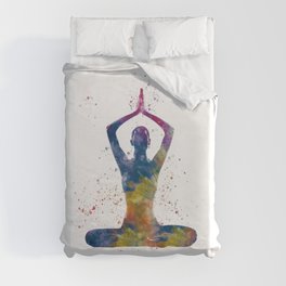 woman practices yoga in watercolor Duvet Cover