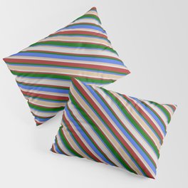 [ Thumbnail: Vibrant Royal Blue, Tan, Light Grey, Brown & Dark Green Colored Striped Pattern Pillow Sham ]