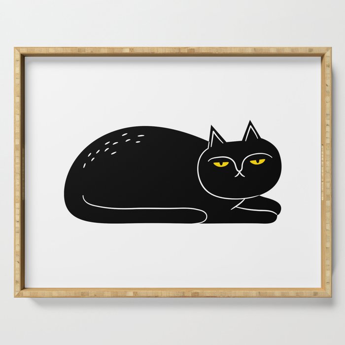 Creepy black cat cartoon animal illustration Serving Tray