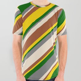 [ Thumbnail: Eye-catching Gray, Beige, Sienna, Yellow, and Dark Green Colored Lines/Stripes Pattern All Over Graphic Tee ]