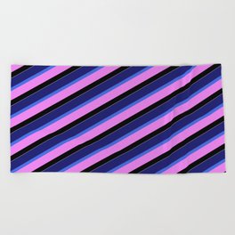 [ Thumbnail: Vibrant Midnight Blue, Royal Blue, Violet, Black, and White Colored Pattern of Stripes Beach Towel ]