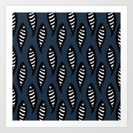 Abstract black and white fish pattern Dark blue Art Print