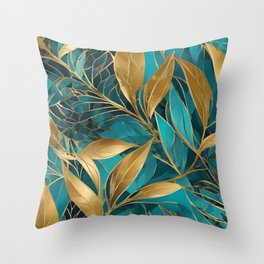 Turquoise Gold Boho Leaves Trendy Collection Throw Pillow