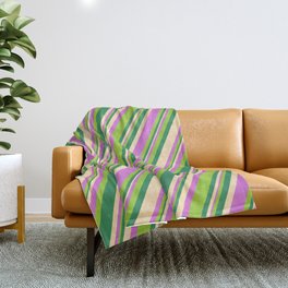 [ Thumbnail: Orchid, Green, Sea Green, and Beige Colored Stripes Pattern Throw Blanket ]