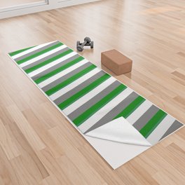 [ Thumbnail: Grey, White, Sea Green, and Green Colored Stripes/Lines Pattern Yoga Towel ]