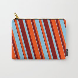 [ Thumbnail: Sky Blue, Red, and Maroon Colored Pattern of Stripes Carry-All Pouch ]