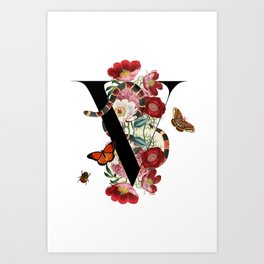 V - Guccy Alphabet - Fashion Flowers Monogram Snakes Letters Art Print