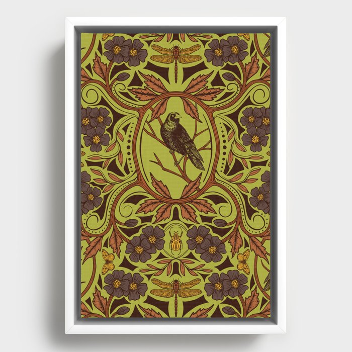 Crow & Dragonfly Floral in Retro Olive Green & Orange Framed Canvas