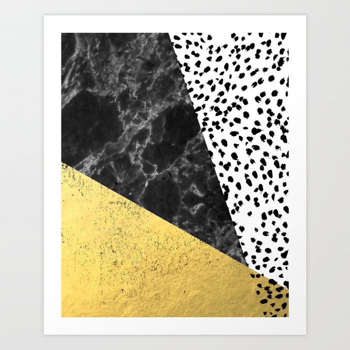Mele - gold abstract painting art decor dorm college trendy hipster foil glitter black and white dot Art Print
