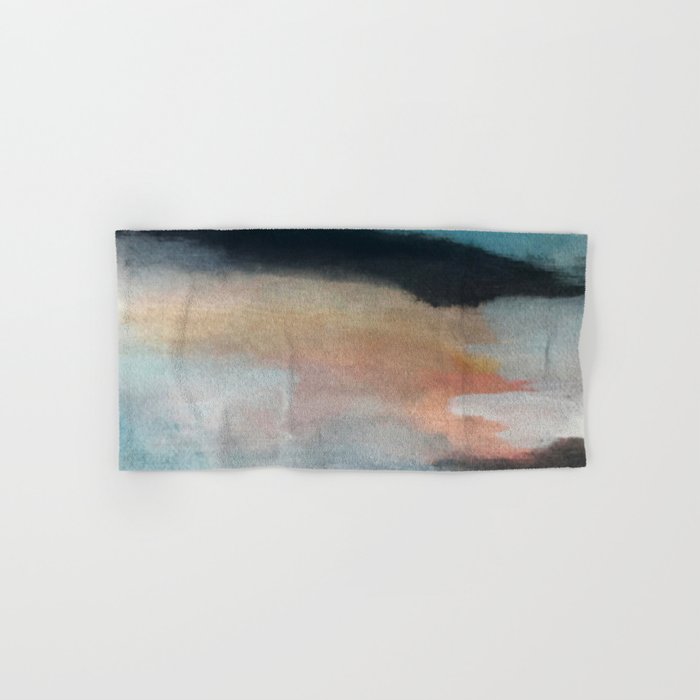 Dawn: a minimal abstract acrylic piece in pink, blues, yellow, and white Hand & Bath Towel