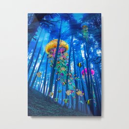 Elecric Jellyfish in a Misty Forest Metal Print | Underwater, Oak, Pines, Photo, Creature, Tropical, Sea, Angle, Blue, Digital 