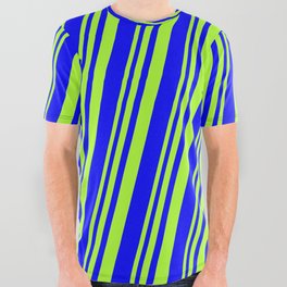 [ Thumbnail: Light Green and Blue Colored Striped/Lined Pattern All Over Graphic Tee ]