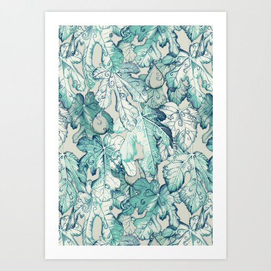 Fig Leaf Fancy - a pattern in teal and grey Art Print