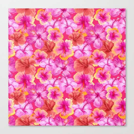 Tropical hibiscus flowers flower floral pattern on pink Canvas Print