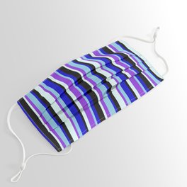 [ Thumbnail: Vibrant Light Cyan, Purple, Sky Blue, Blue & Black Colored Stripes/Lines Pattern Face Mask ]