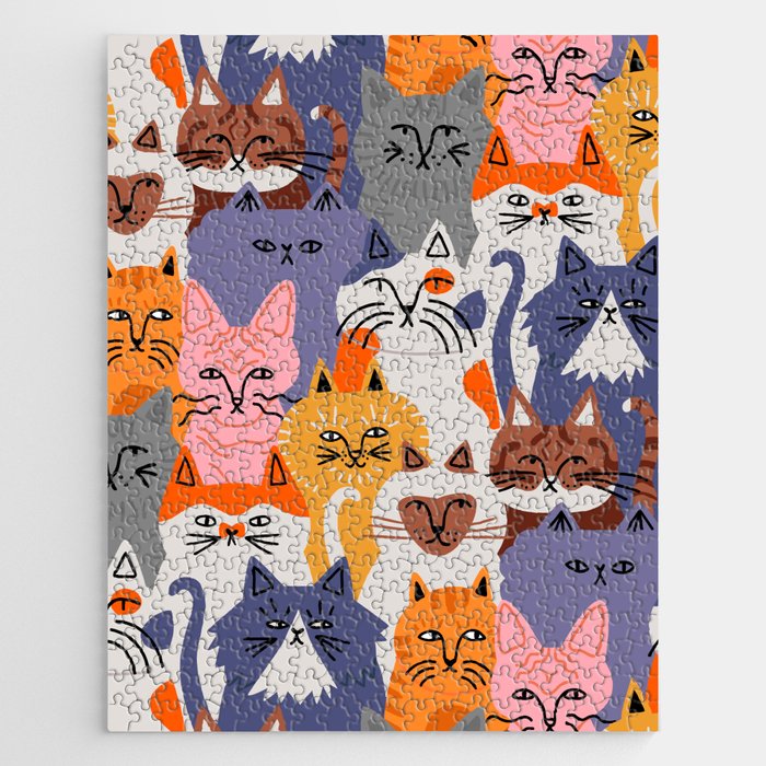 Funny diverse cat crowd character cartoon background Jigsaw Puzzle
