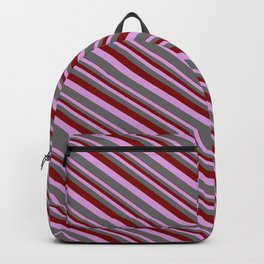 [ Thumbnail: Maroon, Plum & Dim Grey Colored Lined/Striped Pattern Backpack ]
