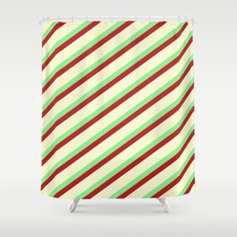 [ Thumbnail: Light Green, Red, and Light Yellow Colored Lined/Striped Pattern Shower Curtain ]