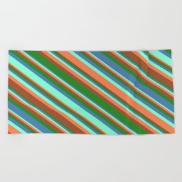 [ Thumbnail: Aquamarine, Coral, Sienna, Forest Green, and Blue Colored Lined/Striped Pattern Beach Towel ]