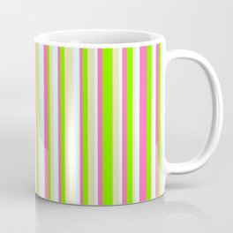 [ Thumbnail: Green, Pale Goldenrod, Light Cyan, and Hot Pink Colored Lined/Striped Pattern Coffee Mug ]