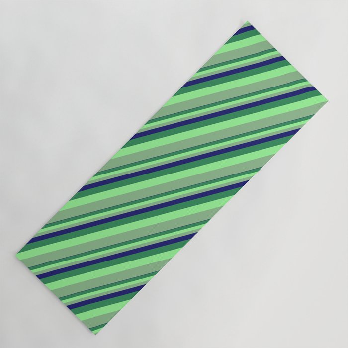 Midnight Blue, Sea Green, Green & Dark Sea Green Colored Stripes Pattern Yoga Mat