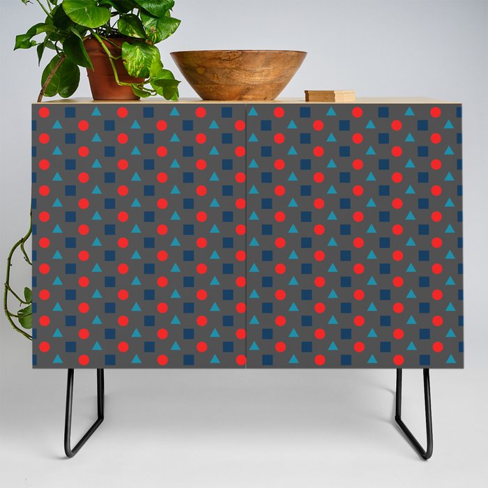 Asymetric pattern with squares, circles and triangles on a grey background Credenza