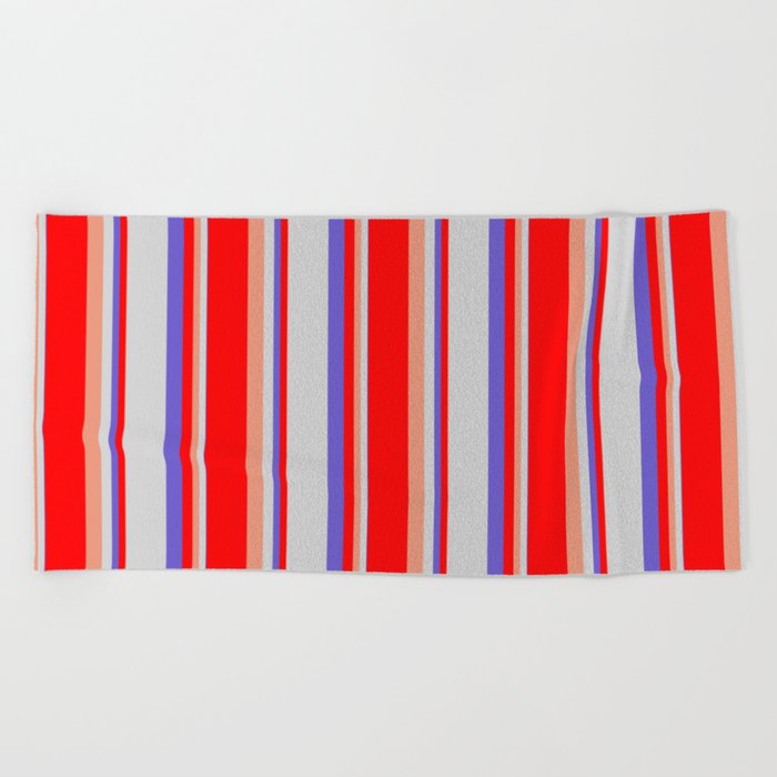 Dark Salmon, Red, Slate Blue & Light Gray Colored Lines Pattern Beach Towel
