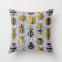 These don't bug me // light grey background yellow and black and ivory retro paper cut beetles and insects Throw Pillow