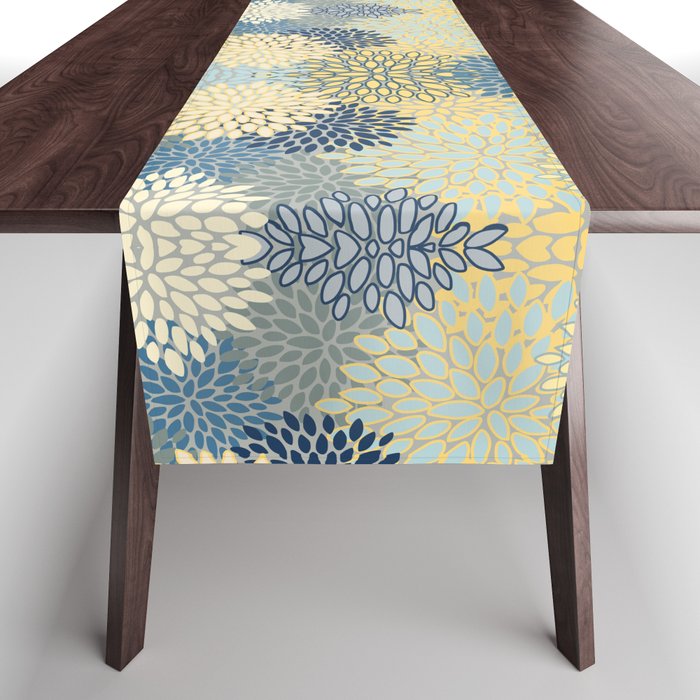 Floral Print, Yellow, Gray, Blue, Teal Table Runner