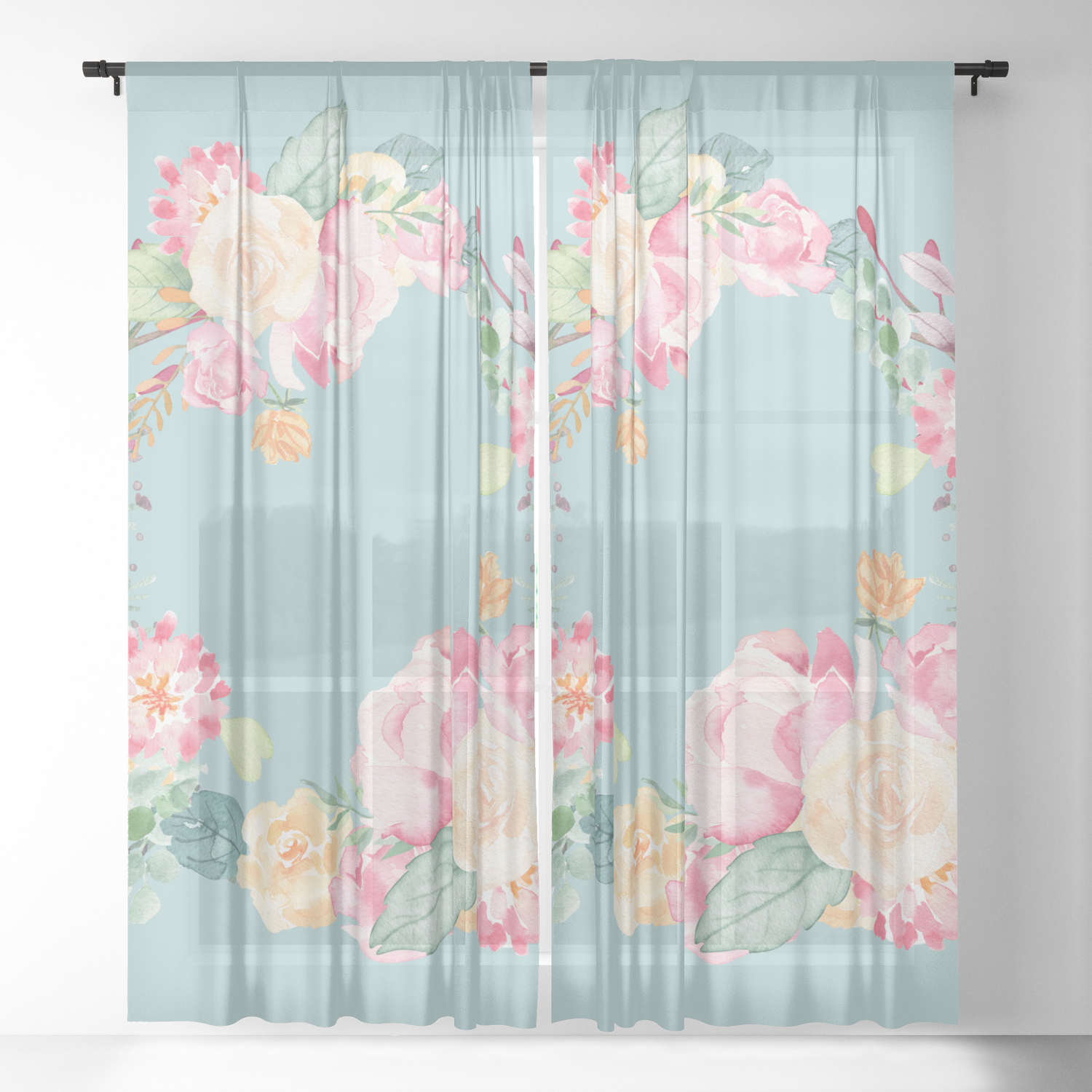 Spring Bouquet Wreath Duck Egg Blue Floral Print Sheer Curtain By