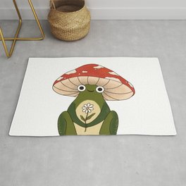 Cute Frog With a Mushroom Hat and a White Daisy Flower Cottage Area & Throw Rug
