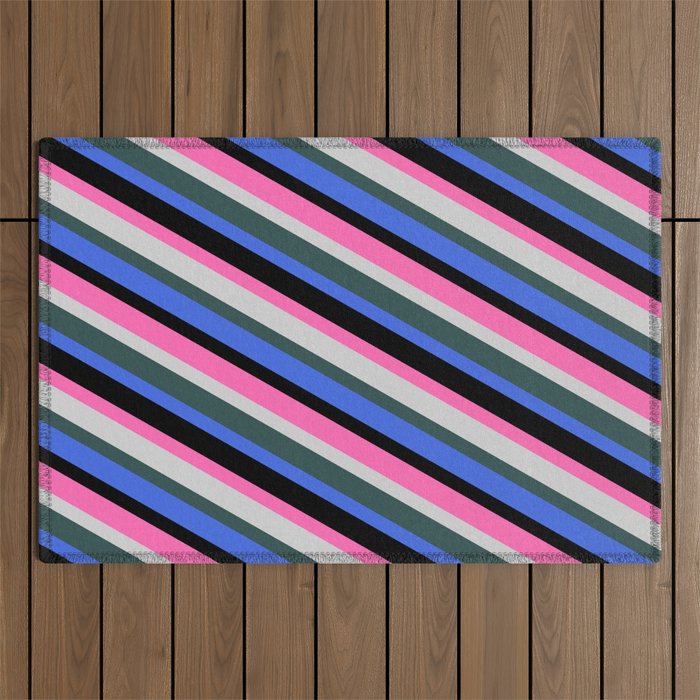 Eye-catching Hot Pink, Light Grey, Dark Slate Gray, Royal Blue, and Black Colored Stripes Pattern Outdoor Rug