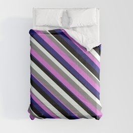[ Thumbnail: Eye-catching Gray, Orchid, Midnight Blue, Black, and Mint Cream Colored Stripes/Lines Pattern Comforter ]