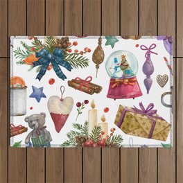 Watercolor Pattern with Vintage Christmas ornaments, toys, and decorations. Illustrations of Christmas hand made toys, present boxes, teddy bear, teacup, candles, Christmas ball, bell, cinnamon stick Outdoor Rug