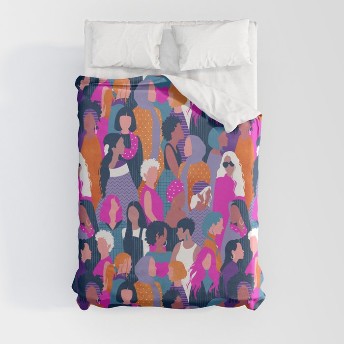 Every day we glow International Women's Day // midnight navy blue background violet purple curious blue shocking pink and orange copper humans  Duvet Cover