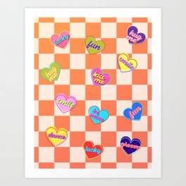 Retro Candy Hearts On Checkered Orange Art Print