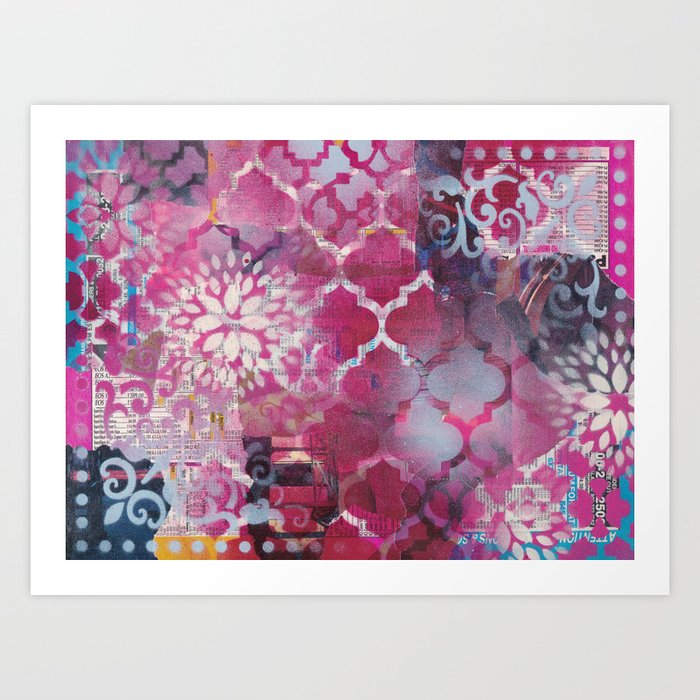 Mixed Media Layered Patterns - Deep Fuchsia Art Print