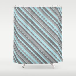 [ Thumbnail: Dark Grey, Powder Blue & Grey Colored Lined Pattern Shower Curtain ]
