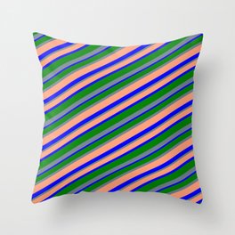 [ Thumbnail: Slate Gray, Light Salmon, Blue & Green Colored Lines/Stripes Pattern Throw Pillow ]